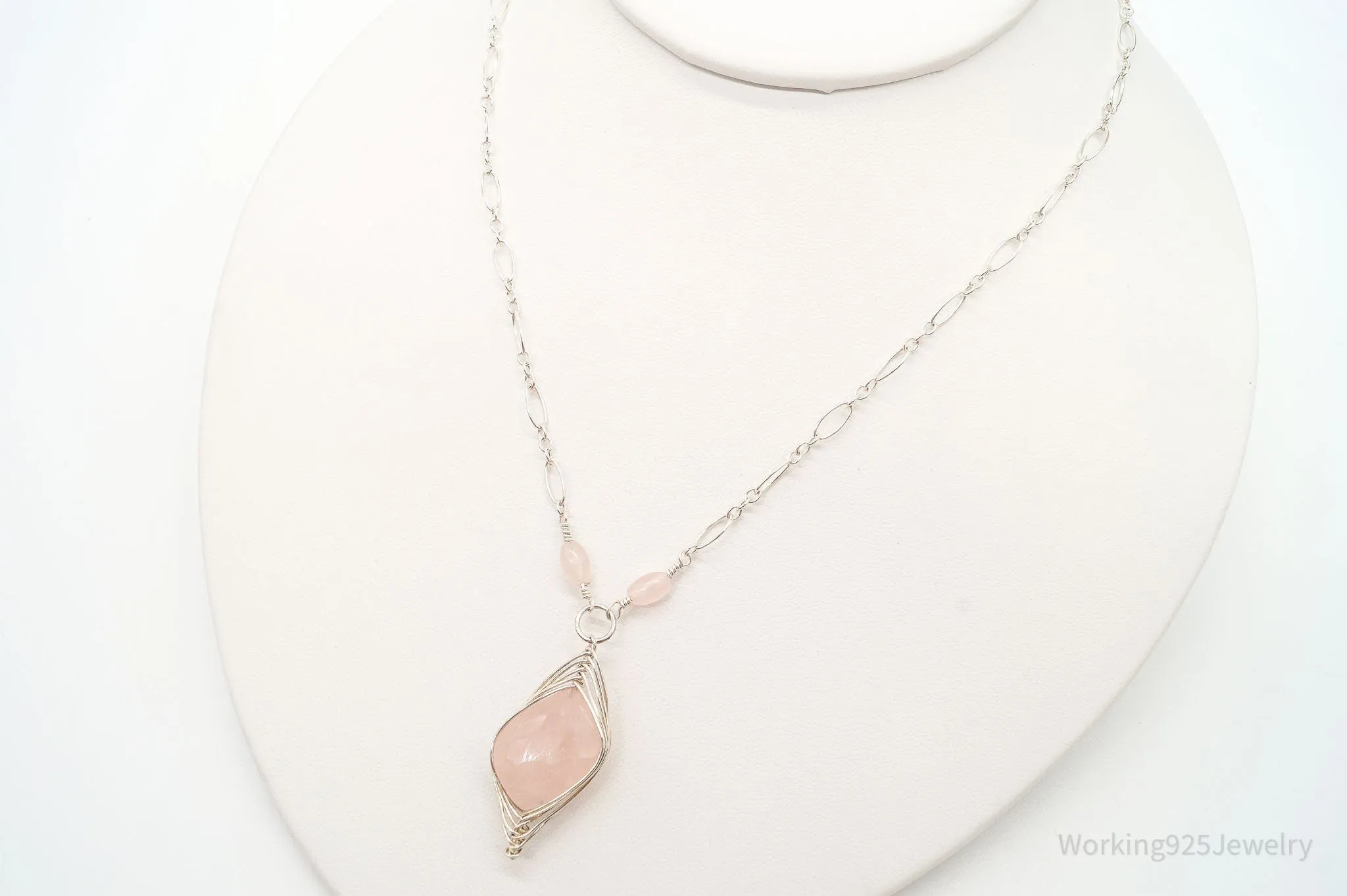 Vintage Large Rose Quartz Filigree Silver Necklace