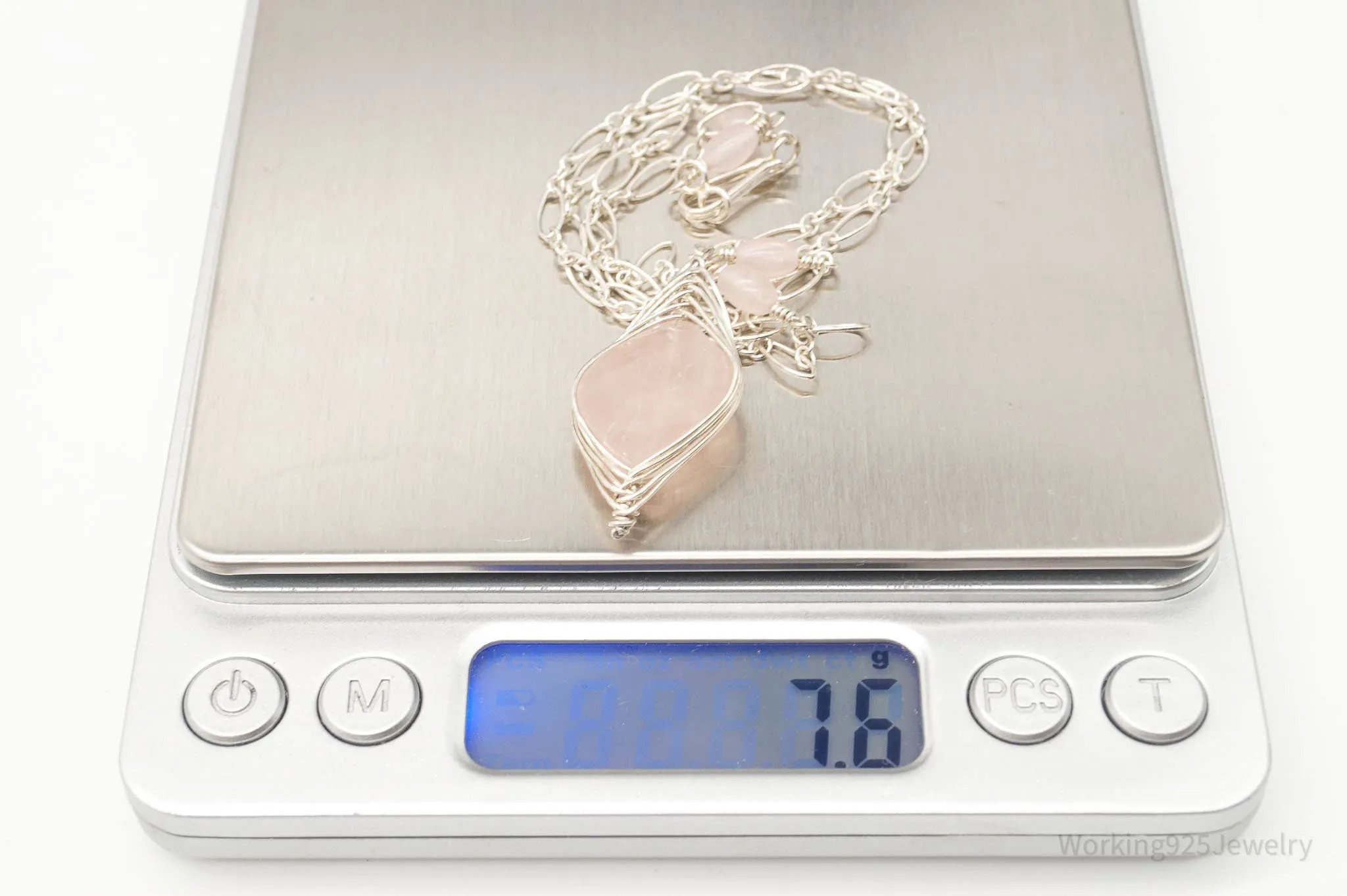 Vintage Large Rose Quartz Filigree Silver Necklace