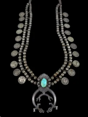 Vintage Old Native American Sterling Silver Turquoise Coin Necklace