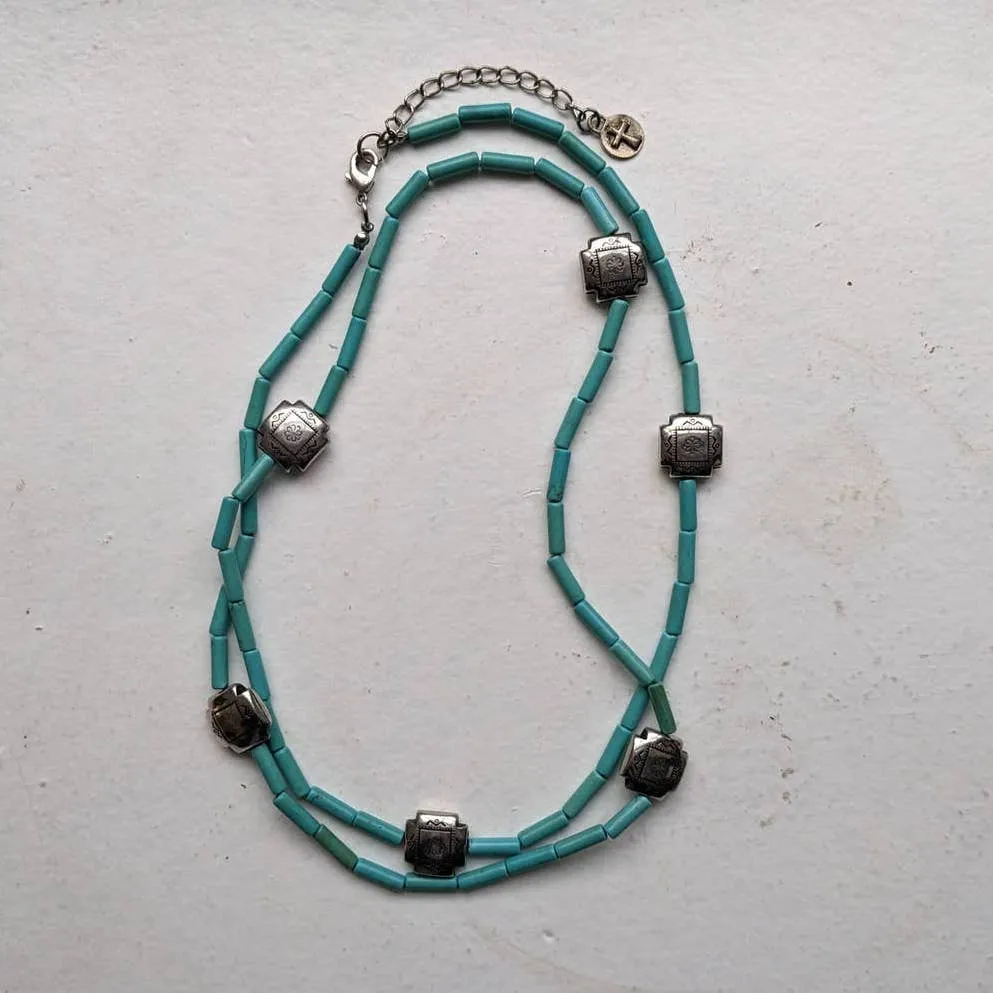 Vintage Southwest Turquoise Concho Necklace Silver Bolo Floral Americana Jewelry
