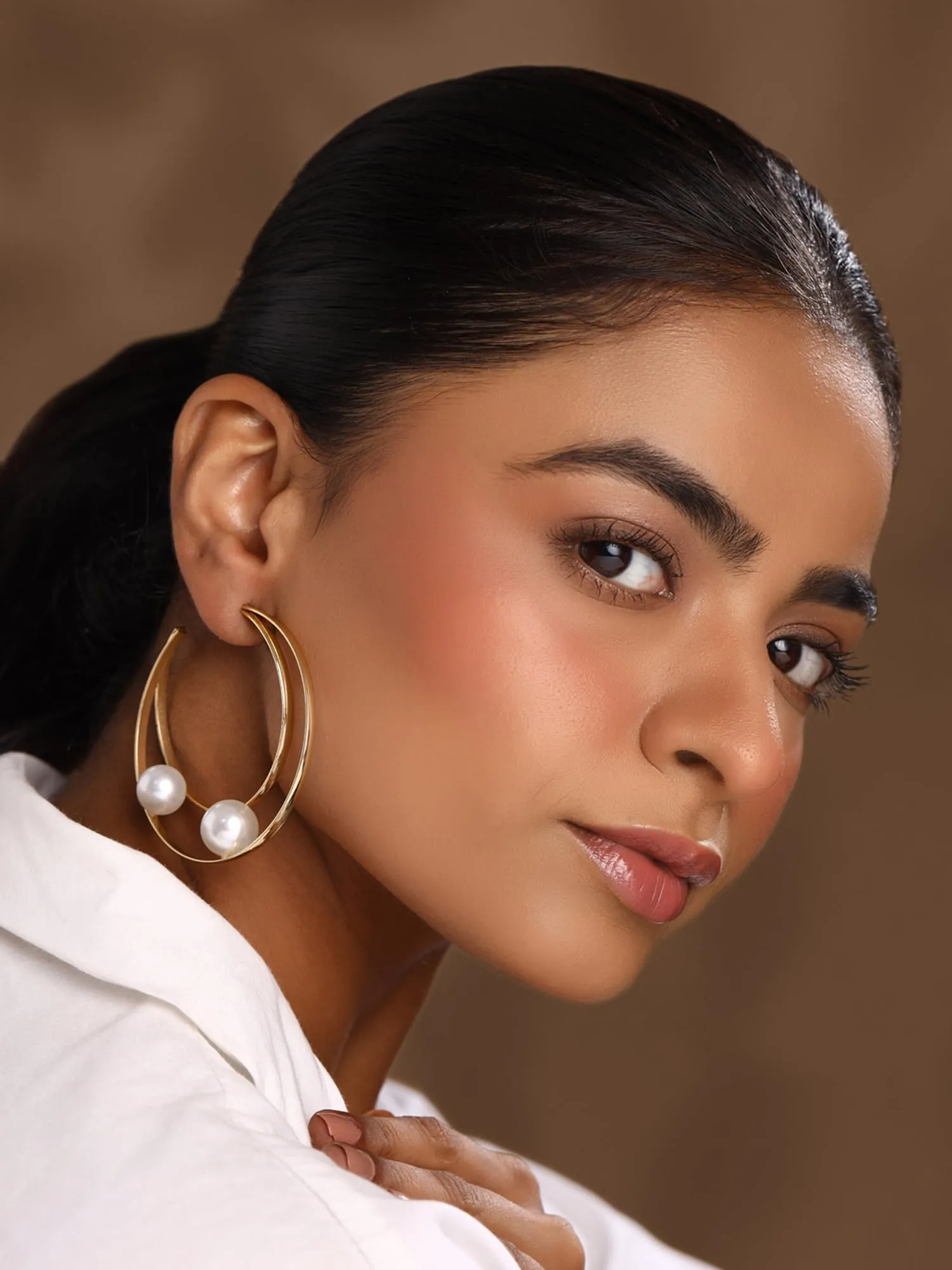 Yellow Chimes Pearl Hoop Earrings for Women | Fashion Golden Women Earrings | Western Style Gold Plated White Pearls Big Hoop Earrings for Girls | Birthday Gift for Girls Anniversary Gift for Women
